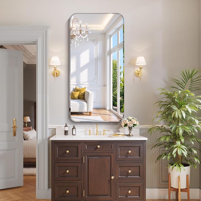 CILIBER Beveled Mirror, 24x48 Rectangle Bathroom Mirror Rounded Corner, 3mm Tempered Glass Frameless Vanity Mirror with Beveled Edge for Over Sink, Bedroom, Entryway, Vertical or Horizontal