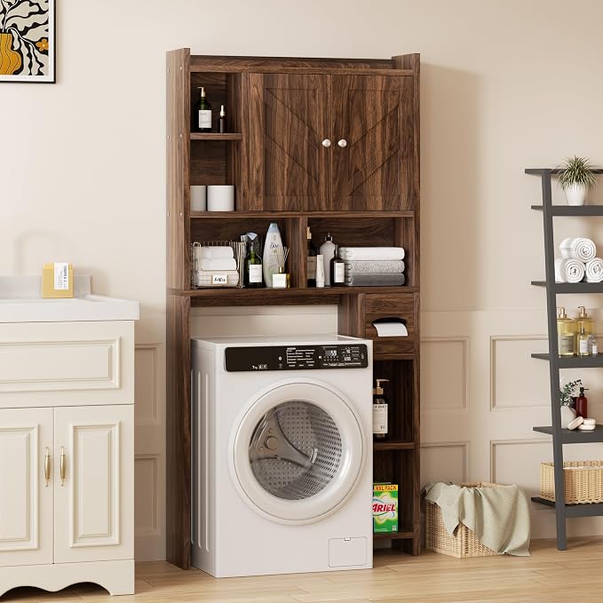 Shintenchi Over the Toilet Storage Cabinet, Bathroom Storage Cabient with Barn Doors, Bathroom Storage Shelf Organizer with Toilet Paper Holder, Adjustable Shelf and Anti-Tip Device, Walnut