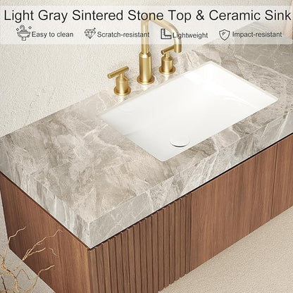 Ambrovina 30" Floating Bathroom Vanity with Sink, Modern Plywood Storage Cabinet with Drawer and Door, Light Gray Sintered Stone Countertop and 3 Pre-drilled Faucet Holes Ceramic Basin, Dark Oak
