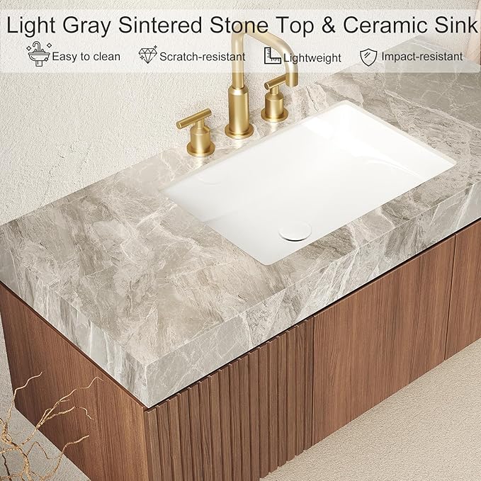48 inch Floating Bathroom Vanity with Sink, Modern Plywood Bathroom Vanities with Drawer and Doors, Light Gray Sintered Stone and 3 Pre-drilled Faucet Holes Ceramic Basin, Pre-Assembled, Dark Oak