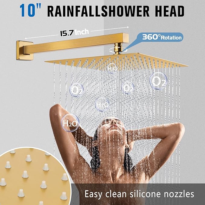 Rainfall Shower System - Wall Mounted Complete Combo with Solid Brass Pressure Balancing Valve, High Pressure Shower Head, Handle Set & Installation Accessories Brushed Gold 10"+Handheld Spray