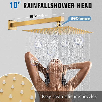 Rainfall Shower System - Wall Mounted Complete Combo with Solid Brass Pressure Balancing Valve, High Pressure Shower Head, Handle Set & Installation Accessories Brushed Gold 10"+Handheld Spray