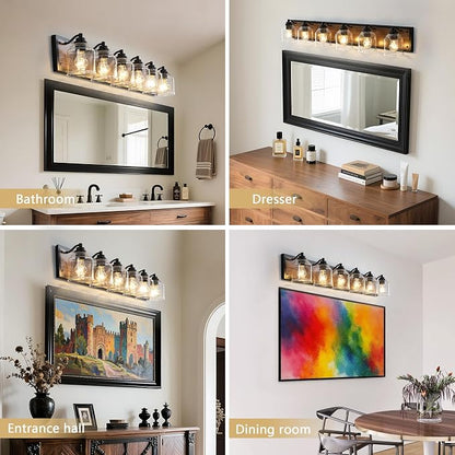 6-Light Vanity Lights for Bathroom Large 48" with Bubble Glass Shade | Farmhouse Rustic style, Hand-Painted Brown Wood-Grain Metal Backplate, E26 Ceramic Socket, UL&ETL, Mount up/down, over mirror