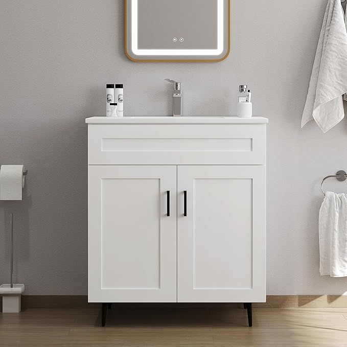 30 Inch Bathroom Vanity with Sink, Modern Wooden Freestanding Bathroom Storage Cabinet with 2 Doors and 1 Drawer, Metal Legs, Painted Surface, White