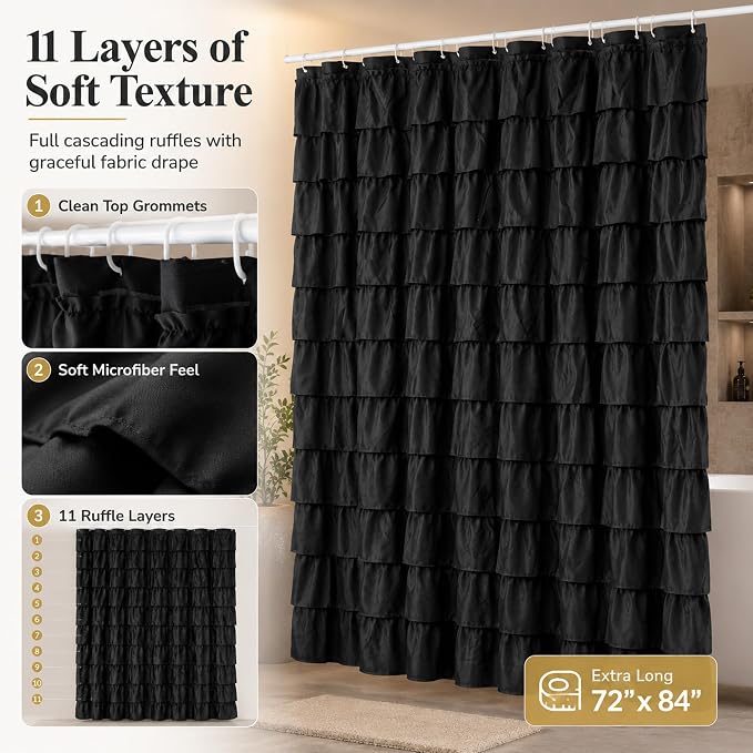 Black Gothic Shower Curtain for Bathroom, Extra-Long 72 x 84 inch, Ruffle | Cascading Layered Ruffles, 72x84, 8ft, 12 Plastic Hooks Included, Machine Washable, Soft Brushed Microfiber Fabric