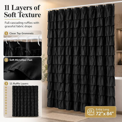 Black Gothic Shower Curtain for Bathroom, Extra-Long 72 x 84 inch, Ruffle | Cascading Layered Ruffles, 72x84, 8ft, 12 Plastic Hooks Included, Machine Washable, Soft Brushed Microfiber Fabric