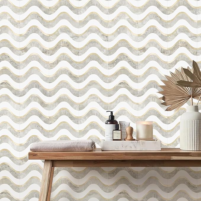 Vamos Tile Peel and Stick Backsplash Seamless Tile,Beige+White+Gold,10 pcs | Stick on Backsplash for Kitchen and Bathroom, PVC Mix Metal Gold Self Adhesive Wall Tiles,11.8''x10.15''