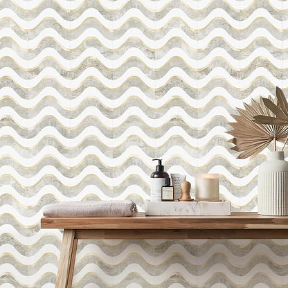Vamos Tile Peel and Stick Backsplash Seamless Tile,Beige+White+Gold,10 pcs | Stick on Backsplash for Kitchen and Bathroom, PVC Mix Metal Gold Self Adhesive Wall Tiles,11.8''x10.15''
