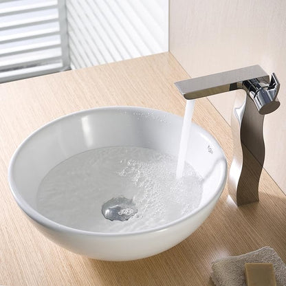 Kraus KCV-141-CH White Round Ceramic Sink with Pop Up Drain, Chrome
