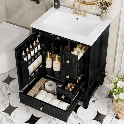 24" Vanity with Sink, Small Bathroom Vanities 24 Inch with Sink, Single Sink Bathroom Vanity with Door Shelf and Three Drawers, Restroom Vanity with Sink Top (Black)