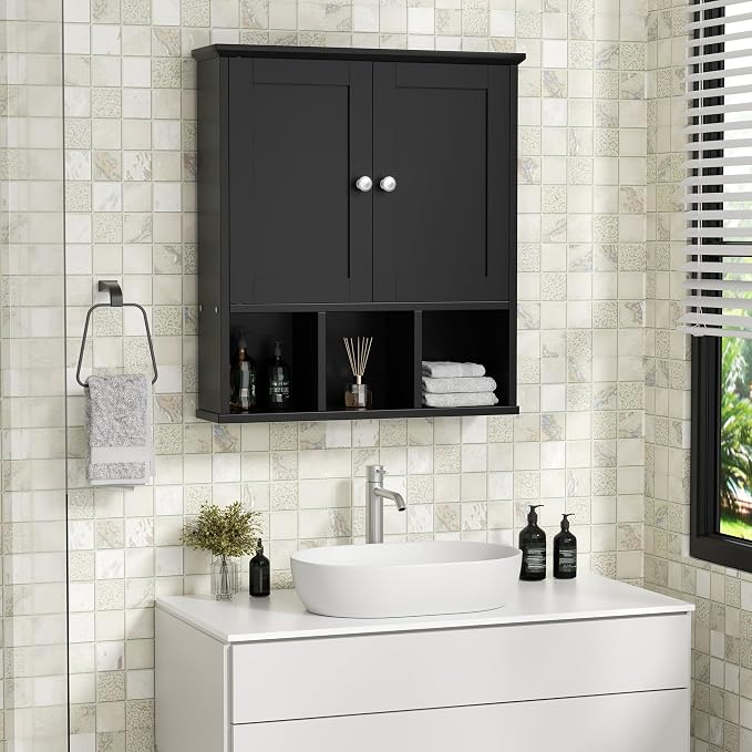 Shintenchi Bathroom Medicine Cabinet, Wall Mounted, Adjustable Shelf, Black | Over The Toilet Cupboard, Open & Concealed Storage, 2 Magnet Doors, Space-Saving, Easy to Clean