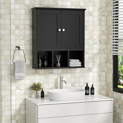 Shintenchi Bathroom Medicine Cabinet, Wall Mounted, Adjustable Shelf, Black | Over The Toilet Cupboard, Open & Concealed Storage, 2 Magnet Doors, Space-Saving, Easy to Clean