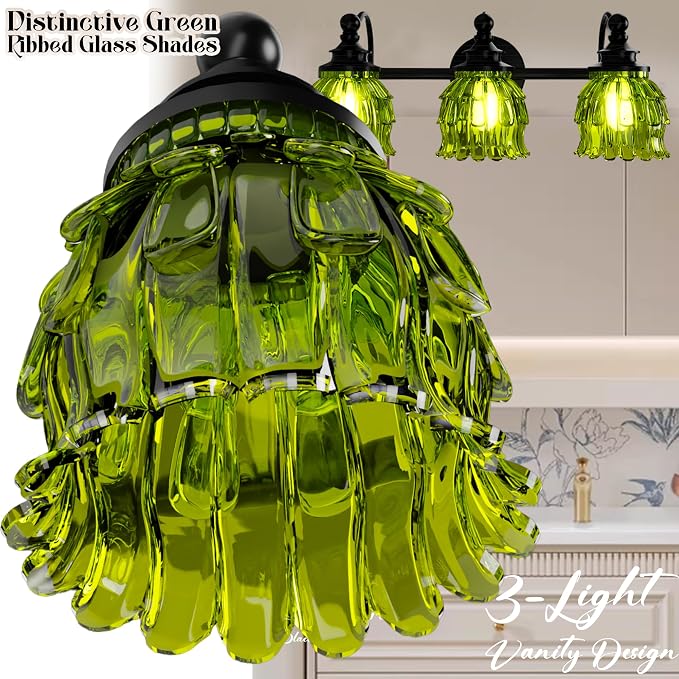 3-Light Bathroom Vanity Light Fixture Wall Mounted Mirror Front Lamp | with Water-Lily Shaped Green Crystal Glass Shade, Modern Black Antique Finish Lamp for Mirror Kitchen Living Room Hallway