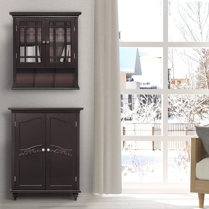 Teamson Home Neal Wooden Over The Toilet Bathroom Removable Wall Medicine Cabinet with 1 Fixed and 1 Adjustable Shelf 3 Storage Spaces 2 Glass Mosaic Doors and Crystal-Cut Acrylic Knobs, Espresso | Bathroom Kitchen Storage Space Saver, 2 Doors and 1 Op...