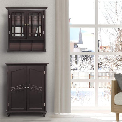 Teamson Home Neal Wooden Over The Toilet Bathroom Removable Wall Medicine Cabinet with 1 Fixed and 1 Adjustable Shelf 3 Storage Spaces 2 Glass Mosaic Doors and Crystal-Cut Acrylic Knobs, Espresso | Bathroom Kitchen Storage Space Saver, 2 Doors and 1 Op...