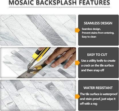 STICKGOO Peel and Stick Backsplash Tile, Volakas White with Silver Metal | 20 Sheets, self-adhesive PVC mixed metal backsplash tiles for kitchen and bathroom. Waterproof & easy to clean.