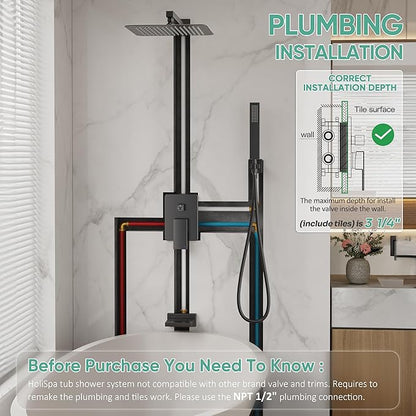 Black Tub Shower System, All Metal Tub Shower Faucet Set with 12" Rain Shower Head and Handheld Spray combo, Wall Mounted Shower Systems with Tub Spout, Valve and Trim Kit, Matte Black