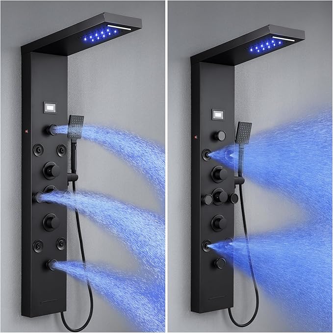 POPFLY 6 In 1 LED Shower Panel Tower System, 8 Body Massage Jets, Stainless Steel Wall Mount Rainfall ＆ Waterfall Shower Column Towers with Temperature Display, Tub Spout, Matt Black