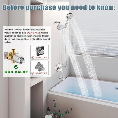 Aolemi Tub Shower Faucet Set Dual 8 Mode Head Valve Kit Polish Chrome | Valve and Trim Kit, ABS Shower Head and Handheld System, Bathroom Bath Tub Spout 6.3",SUS304,Single Handle