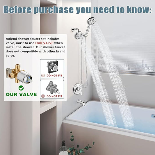 Aolemi Tub Shower Faucet Set Dual 8 Mode Head Valve Kit Polish Chrome | Valve and Trim Kit, ABS Shower Head and Handheld System, Bathroom Bath Tub Spout 6.3",SUS304,Single Handle