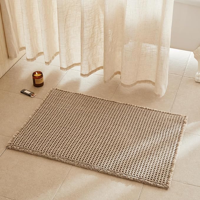 TYUU Waffle Bath Mat, Boho Bathroom Rugs Non Slip, 36x24 Beige | Super Absorbent Quick Dry Bath Rug, Non-Slip Backing, Soft Waffle Washable Farmhouse Bathroom Mats, Tub, Shower & Home Decor