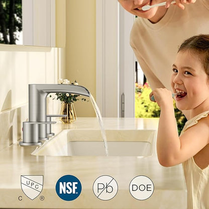 FORIOUS Bathroom Faucets 3 Hole, Waterfall Bathroom Sink Faucet with Pop-Up Drain & Water Supply, Brushed Nickel 8 Inch Widespread for Restroom, Vanity, Commercial Lavatory