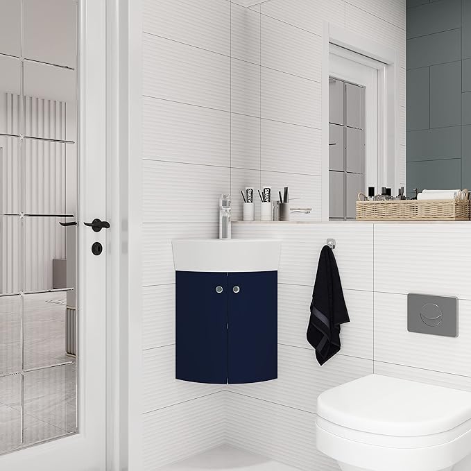 12 Inch Bathroom Vanity with White Sink Combo, Wall-Mounted Bathroom Vanity 2 Door for Small Space, Modern Floating Bathroom Cabinet with Top Basin & Storage Cabinet,Blue