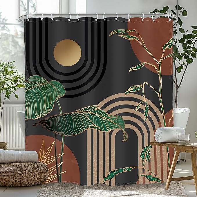 Glawry Dark Brown Mid Century Shower Curtain 60Wx72L Inches Boho Abstract Retro Tropical Palm Leaves Modern Bathroom Aesthetic Bath Accessories Art Home Decor Fabric with Hooks