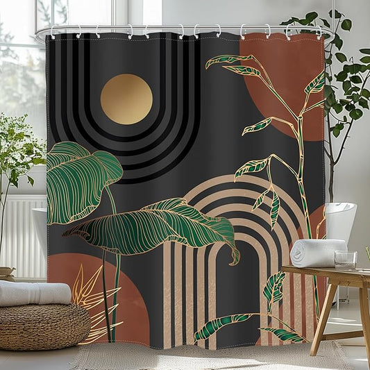 Glawry Dark Brown Mid Century Shower Curtain 60Wx72L Inches Boho Abstract Retro Tropical Palm Leaves Modern Bathroom Aesthetic Bath Accessories Art Home Decor Fabric with Hooks