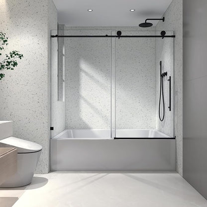 Single Sliding Shower Door,55"-60" W x 63" H Frameless Shower Door with 5/16" (8mm) Thick SGCC Tempered Glass W/Adjustable Soft Closing,Bathroom Glass Door for Spa（Matte Black）