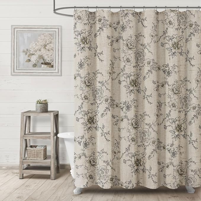 Farmhouse Floral Vintage Shower Curtain for Bathroom, Black and Tan Taupe | Elegant Boho Pattern Bath Curtain, Linen Fabric, 72" W x 72" L