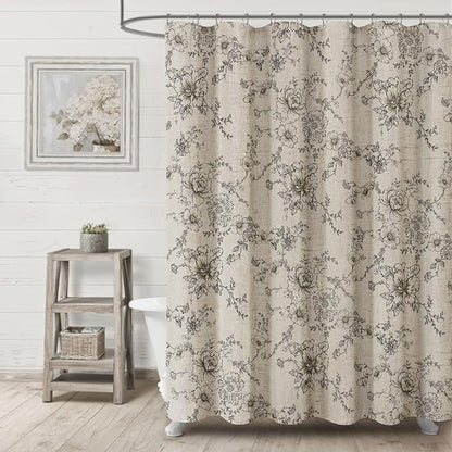 Farmhouse Floral Vintage Shower Curtain for Bathroom, Black and Tan Taupe | Elegant Boho Pattern Bath Curtain, Linen Fabric, 72" W x 72" L