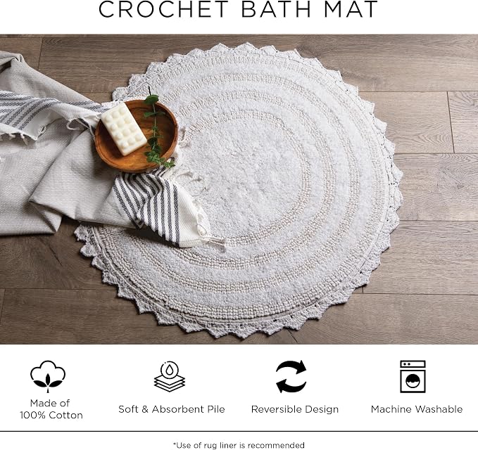 DII Crochet Collection Reversible Bath Mat, Small Oval, 17x24, White