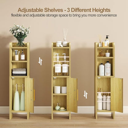 Small Bathroom Storage Corner Floor Cabinet Narrow Toilet Paper Cabinet with Adjustable Shelves Wooden Slim Bathroom Organizers and Storage with Fluted Door for Small Spaces, Wood