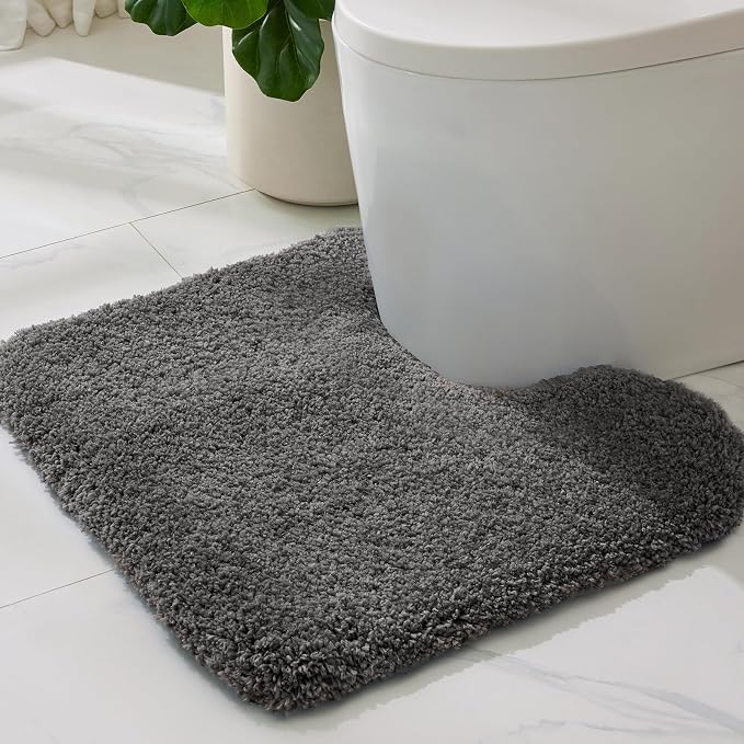 ILANGO Dark Gray Toilet Rugs U Shaped 22" × 24" Non Slip & Super Absorbent Extra Thick Soft, Washable Bath Mats for Bathroom Floor, Microfiber Plush Shaggy Contour Bath Rugs for Toilet,Dry Quick