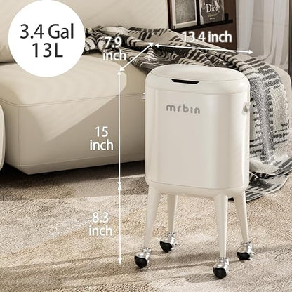 MRBIN Metal Slim Bathroom Motion Sensor Trash Can with Lid and Wheels, 13L / 3.4gal Electric Touchless Toilet Waste Basket with Legs for Narrow Vanity, Rvs, Dorm, Kitchen, Cream White