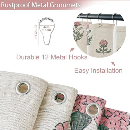 ORTIGIA Linen Textured Ruffle Shower Curtain with Metal Hooks, Vintage Pink Floral Block Print Boho Waterproof Bath Curtain for Rustic Farmhouse Bathroom Decor 72x72 Inch