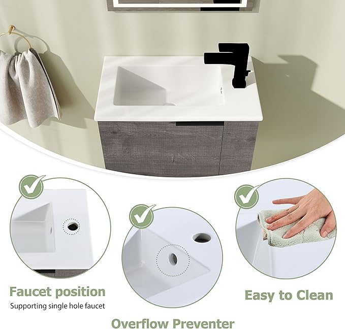 22" Bathroom Vanity with Sink, 22 Inch Floating Bathroom Vanity for Small Space, Modern Bathroom Vanity, Grey Wall Mounted Cabinet Set（002）