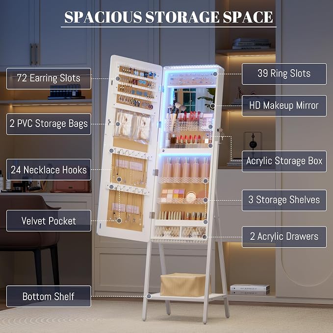 LVSOMT 14 RGB LED Mirror Jewelry Cabinet, Large Jewelry Armoire Standing | Lockable Full Length Mirror with Jewelry Storage, Space-Saving Jewelry Organizer Mirror, 14 RGB Lights, White