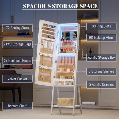 LVSOMT 14 RGB LED Mirror Jewelry Cabinet, Large Jewelry Armoire Standing | Lockable Full Length Mirror with Jewelry Storage, Space-Saving Jewelry Organizer Mirror, 14 RGB Lights, White