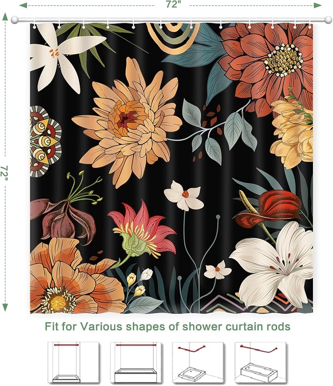 Shower Curtain Boho Floral, Tropical Summer shower curtain Mid-Century Abstract Boho Flowers Chic Shower Curtain Set Waterproof Polyester Fabric Machine Washable Home Farmhouse Decor Bath Curtains