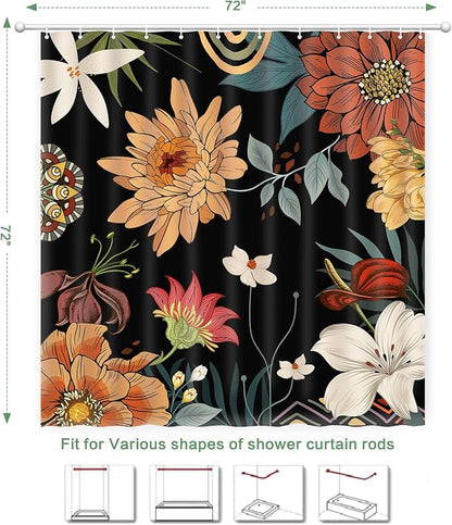 Shower Curtain Boho Floral, Tropical Summer shower curtain Mid-Century Abstract Boho Flowers Chic Shower Curtain Set Waterproof Polyester Fabric Machine Washable Home Farmhouse Decor Bath Curtains