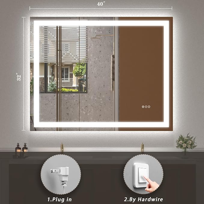 40x32 LED Lighted Bathroom Mirror for Vanity Wall | Front Light and Backlit, Anti-Fog, Memory, 3 Color, Tempered Glass, Dimmable, Rectangular, UL, Horizontal/ Vertical Mounted