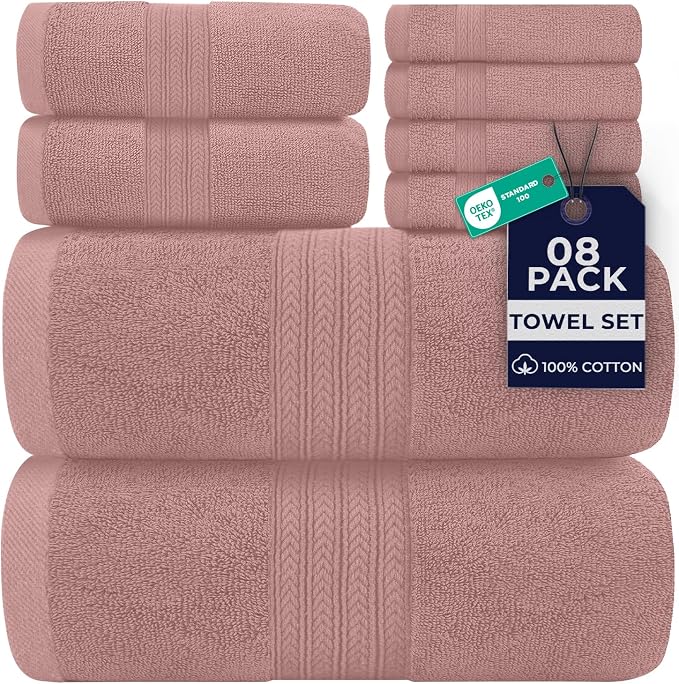 DAN RIVER 8 Piece Luxury Bath Towels for Bathroom, Towel Set, Dusty Rose | 2 Bath towels, 2 Hand towels, and 4 Wash Cloths, 600 GSM 100% Ring Spun Cotton, Highly Absorbent, Gym, Hotel, guest, and Spa