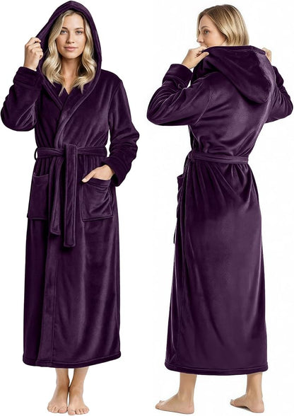 NY Threads Women's Fleece Hooded Bathrobe Plush Long Spa Robe, Medium