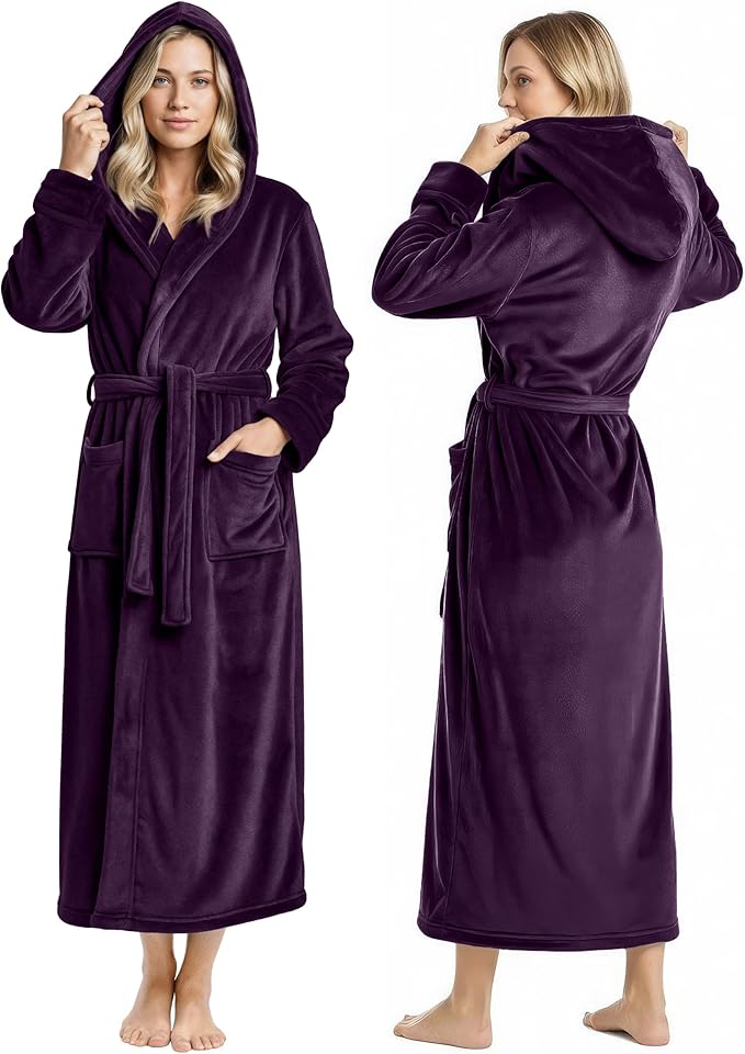 NY Threads Women's Fleece Hooded Bathrobe Plush Long Spa Robe, Medium