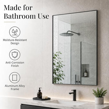 24x36 Matte Black Framed Rectangle Bathroom Vanity Wall Mirror | Over-Sink Vanity Mirror, Slim Metal Frame, Entryway or Dresser Use, Vertical/Horizontal Mount, Tempered Glass