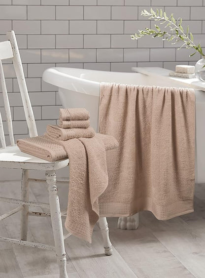 GLAMBURG 100% Cotton Ultra Soft 6 Pack Towel Set, Contains 2 Bath Towels 28x55 Inches, 2 Hand Towels 16x24 Inches & 2 Wash Coths 12x12 Inches, Compact Absorbent Lightweight & Quickdry - Tan