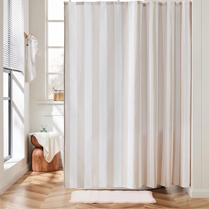 Ohocut Vertical Striped Shower Curtain, Cute Retro Vintage Stripe Bow Bathroom Shower Curtain, Waterproof Polyester Fabric Modern Bath Curtain for Bathroom 72x72 Inches Beige