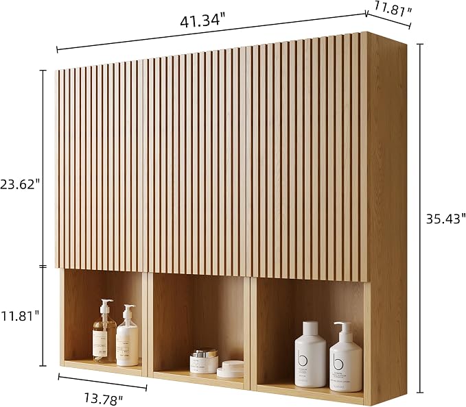 KEIKI Bathroom Wall Cabinet with Soft-Close Doors & Open Shelf, Golden Oak | Premium Wood Medicine Cabinet, Floating Storage Cabinet for Bathroom Kitchen Laundry Room